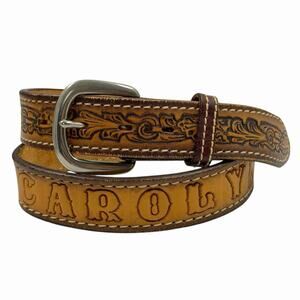 VINTAGE 80s 90s WESTERN NAME BELT NOCONA TOOLED LEATHER BOHO “CAROLYN” SIZE 30 M